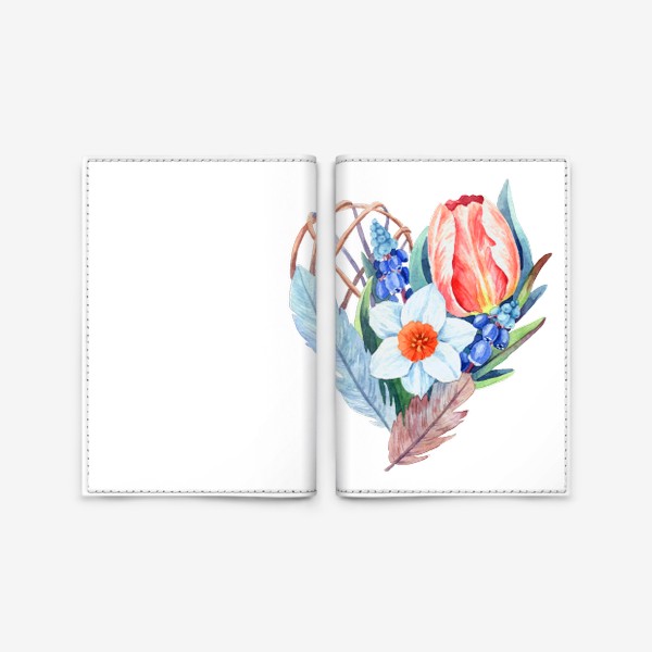 Обложка для паспорта «Сердце с весенними цветами и перьями»