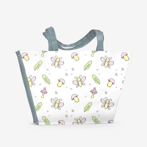 Пляжная сумка «Лесной узор - грибы, листья и бабочки»