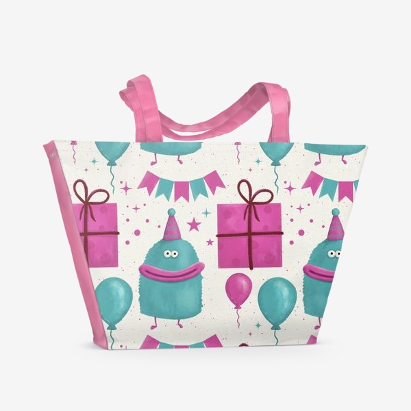 Пляжная сумка «С днём рождения. Монстр, веселый монстрик, пушистик. Праздник. Улыбка. Детская иллюстрация. Для ребёнка. Семья»