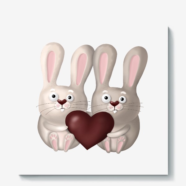 Холст &laquo;День Святого Валентина, сердце, любовь, влюблённые зайчики, зайки, кролики, подарок, милая иллюстрация, 14 февраля, мужу&raquo;