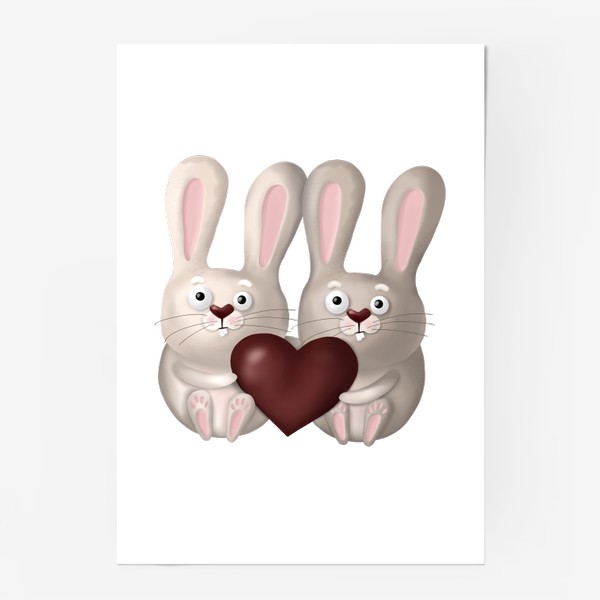 Постер «День Святого Валентина, сердце, любовь, влюблённые зайчики, зайки, кролики, подарок, милая иллюстрация, 14 февраля, мужу»