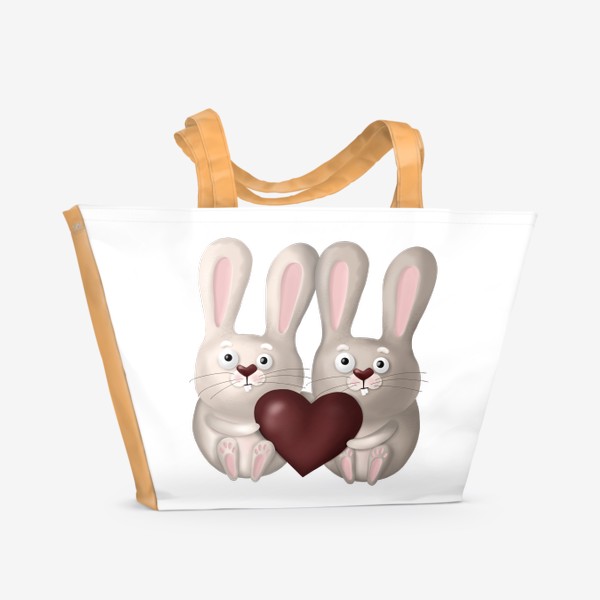 Пляжная сумка &laquo;День Святого Валентина, сердце, любовь, влюблённые зайчики, зайки, кролики, подарок, милая иллюстрация, 14 февраля, мужу&raquo;