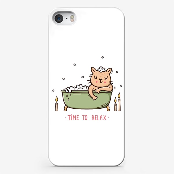 Чехол iPhone «Милая кошка в ванной. Свечи. Релакс. Time to relax»