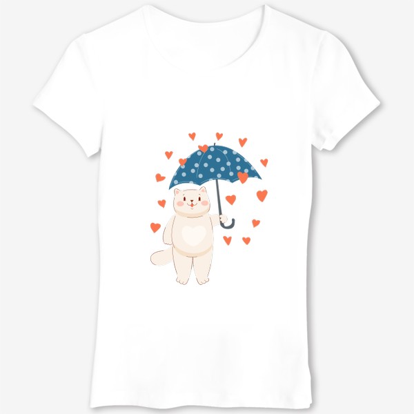 Футболка «Кот под зонтом и дождь из сердец»