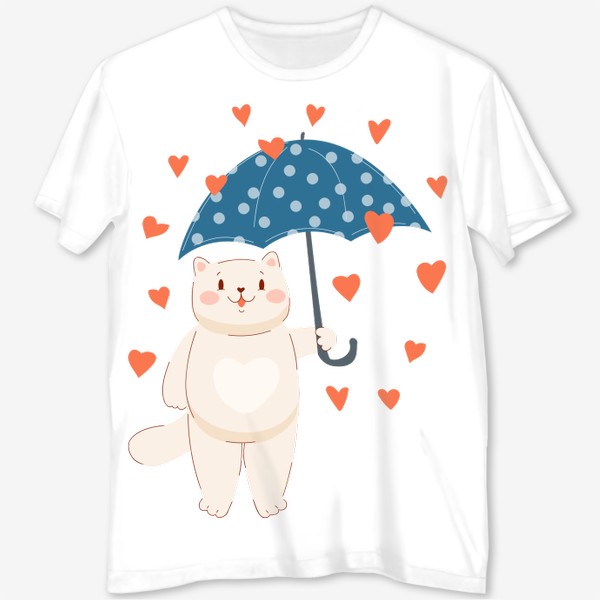 Футболка с полной запечаткой «Кот под зонтом и дождь из сердец»