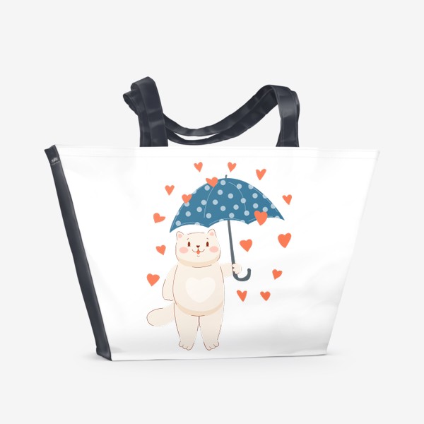 Пляжная сумка &laquo;Кот под зонтом и дождь из сердец&raquo;
