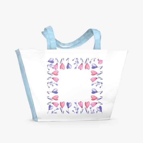 Пляжная сумка &laquo;Акварельные цветы-сердечки. Рамка на День влюбленных&raquo;