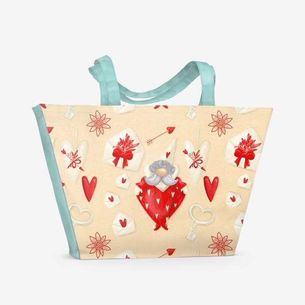 Пляжная сумка «Паттерн день святого Валентина, 14 февраля, сердечки, купидон, гномик, ангел, любовь, сердце. Весна, 8 марта»