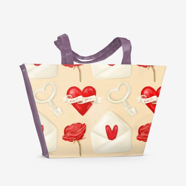 Пляжная сумка «Паттерн день святого Валентина, 14 февраля, любовь, сердце. Весна. Интерьерный рисунок, текстиль. Винтажный стиль, ретро»