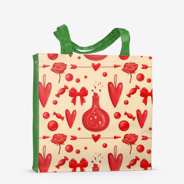 Сумка-шоппер «Паттерн день святого Валентина, 14 февраля, сердечки, любовь, сердце. Весна. Интерьер, шторы, скатерть, текстиль»