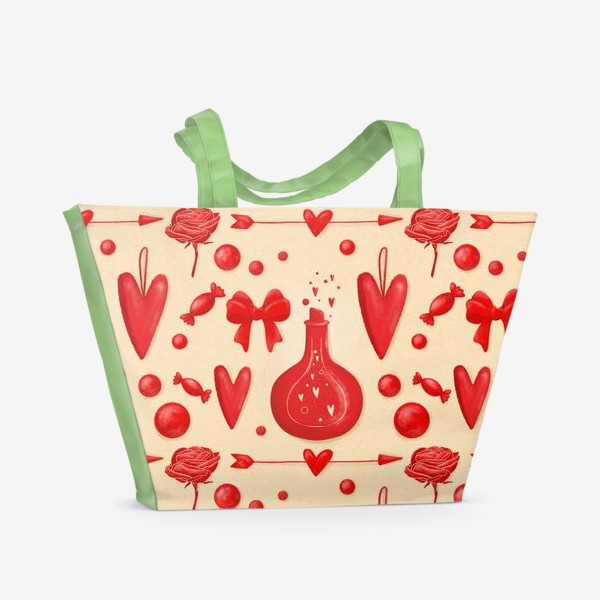 Пляжная сумка «Паттерн день святого Валентина, 14 февраля, сердечки, любовь, сердце. Весна. Интерьер, шторы, скатерть, текстиль»