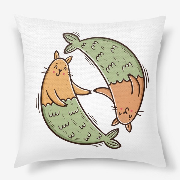 Подушка «Милые котики - русалки. Рыбы. Подарок для рыб. Любовь»