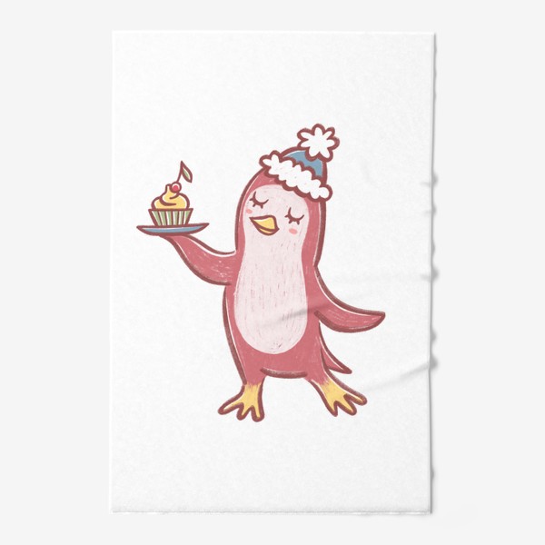 Полотенце «Милый пингвин и вкусный кекс с вишней»