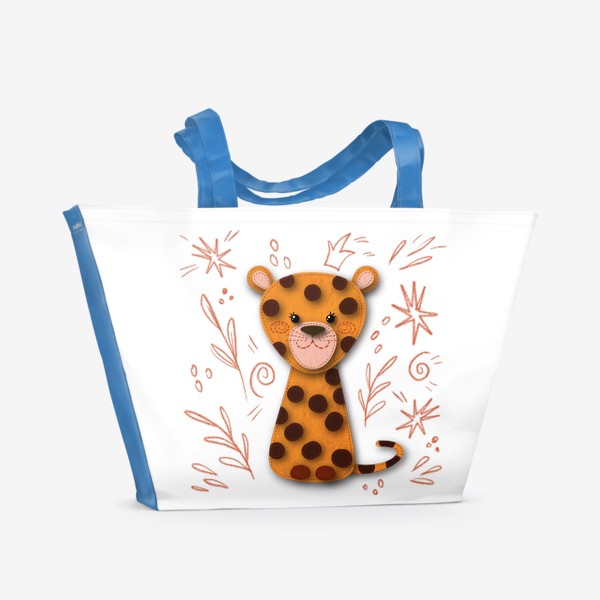 Пляжная сумка «Милый игрушечный леопард на фоне узора в дудл стиле»