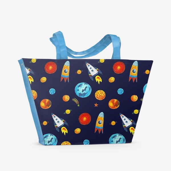 Пляжная сумка «Яркий паттерн с космосом и ракетами»