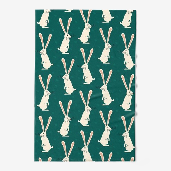 Полотенце «Белые кролики на зеленом фоне паттерн»