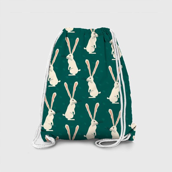 Рюкзак «Белые кролики на зеленом фоне паттерн»