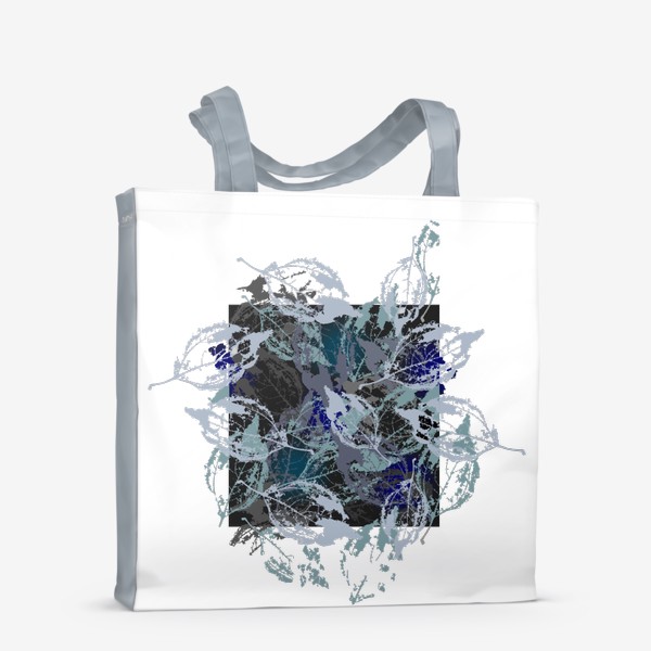 Сумка-шоппер «Скелетированные листья в сине сером на чёрном квадрате»