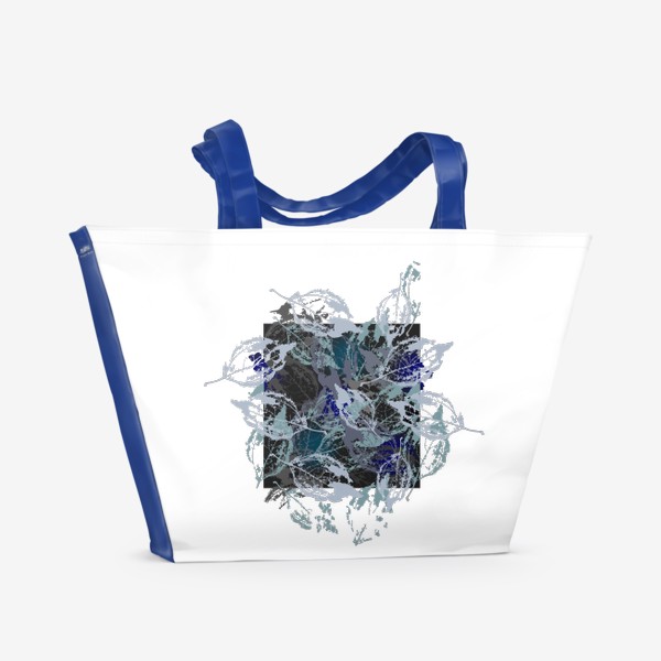 Пляжная сумка &laquo;Скелетированные листья в сине сером на чёрном квадрате&raquo;