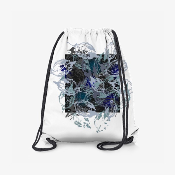 Рюкзак «Скелетированные листья в сине сером на чёрном квадрате»
