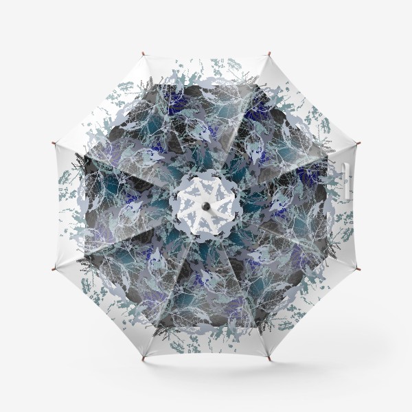 Зонт «Скелетированные листья в сине сером на чёрном квадрате»