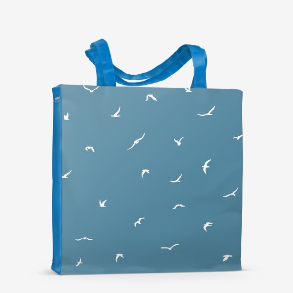 Сумка-шоппер «"Стая летающих силуэтных птиц. Бесшовный узор из птиц. Белые чайки на синем фоне."»