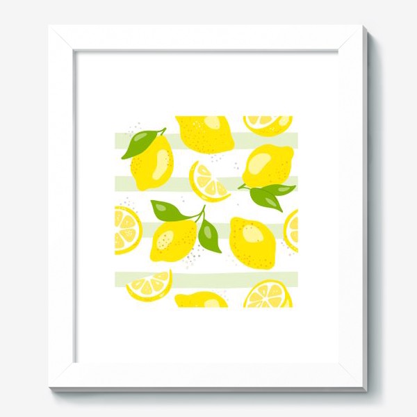 Картина « «Лимон - бесшовная текстура на белом фоне. Свежие желтые плоды лимона, лайма.»»