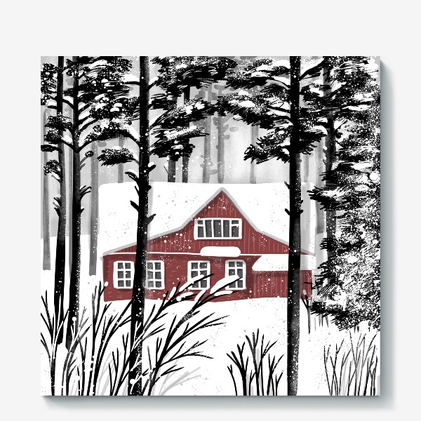 Холст «Зимний дом в лесу»
