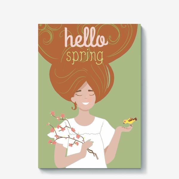 Холст «Привет весна, девушка с длинными волосами с птичкой»