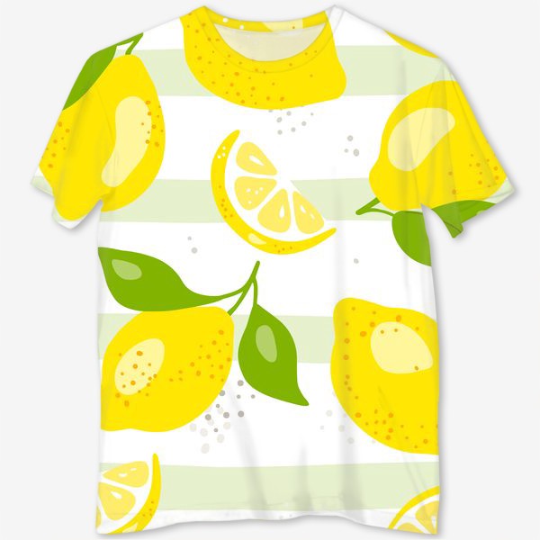 Футболка с полной запечаткой « «Лимон - бесшовная текстура на белом фоне. Свежие желтые плоды лимона, лайма.»»