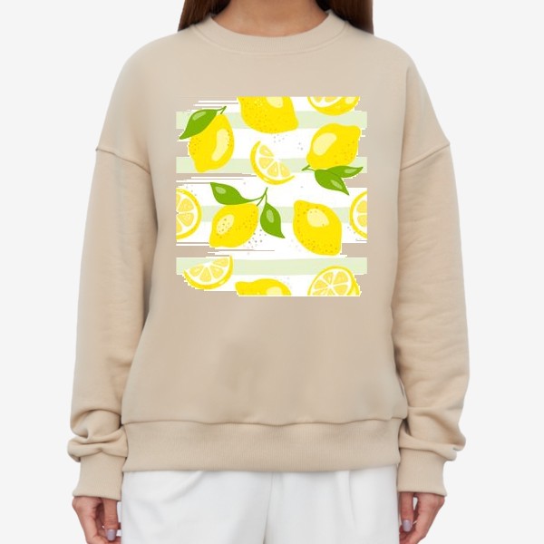 Свитшот &laquo; «Лимон - бесшовная текстура на белом фоне. Свежие желтые плоды лимона, лайма.»&raquo;
