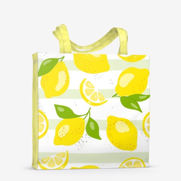 Сумка-шоппер &laquo; «Лимон - бесшовная текстура на белом фоне. Свежие желтые плоды лимона, лайма.»&raquo;