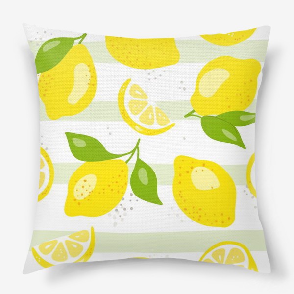 Подушка « «Лимон - бесшовная текстура на белом фоне. Свежие желтые плоды лимона, лайма.»»