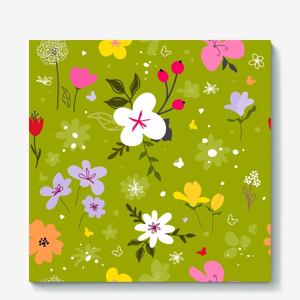 Холст « «Садовый цветок, растения, бесшовный дизайн на зеленом фоне. Симпатичный узор в виде маленького цветочка.»»