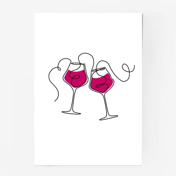 Постер «Бокалы с красным вином в стиле лайн арт»