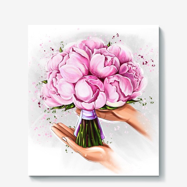 Холст «Букет розовых пионов в руках»