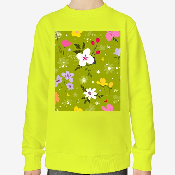 Свитшот &laquo; «Садовый цветок, растения, бесшовный дизайн на зеленом фоне. Симпатичный узор в виде маленького цветочка.»&raquo;