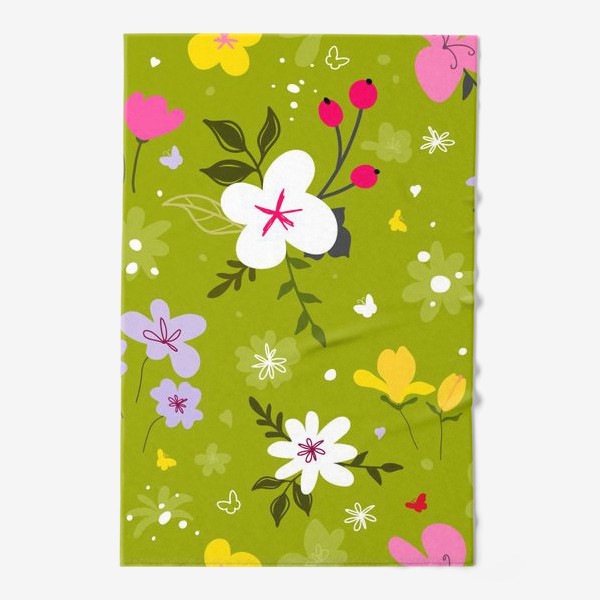 Полотенце &laquo; «Садовый цветок, растения, бесшовный дизайн на зеленом фоне. Симпатичный узор в виде маленького цветочка.»&raquo;