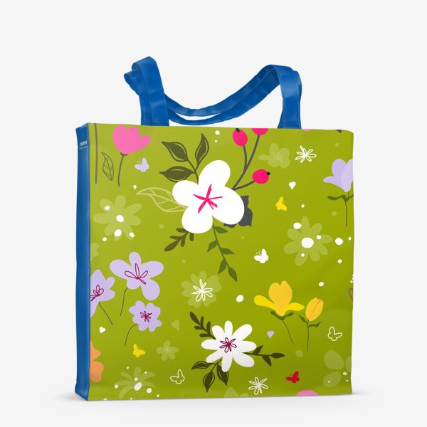Сумка-шоппер &laquo; «Садовый цветок, растения, бесшовный дизайн на зеленом фоне. Симпатичный узор в виде маленького цветочка.»&raquo;