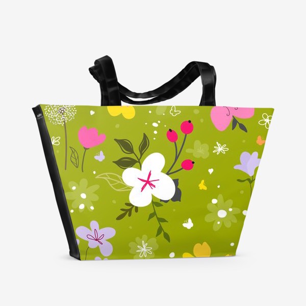 Пляжная сумка « «Садовый цветок, растения, бесшовный дизайн на зеленом фоне. Симпатичный узор в виде маленького цветочка.»»