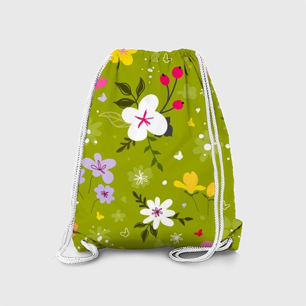Рюкзак « «Садовый цветок, растения, бесшовный дизайн на зеленом фоне. Симпатичный узор в виде маленького цветочка.»»