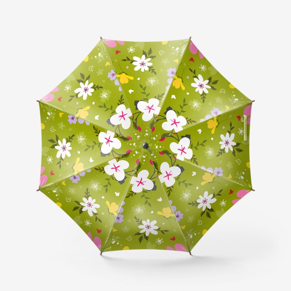 Зонт « «Садовый цветок, растения, бесшовный дизайн на зеленом фоне. Симпатичный узор в виде маленького цветочка.»»