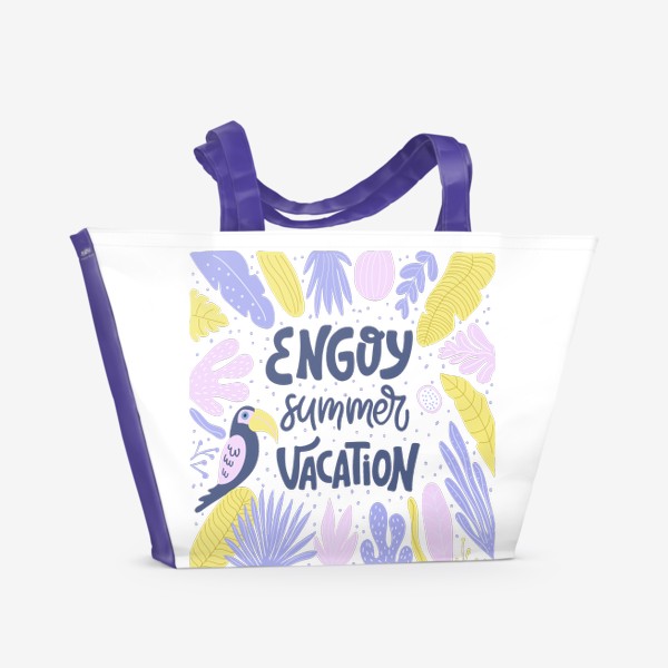 Пляжная сумка &laquo;Иллюстрация с надписью Enjoy summer vacation, с красивыми тропическими листьями и птицей.&raquo;