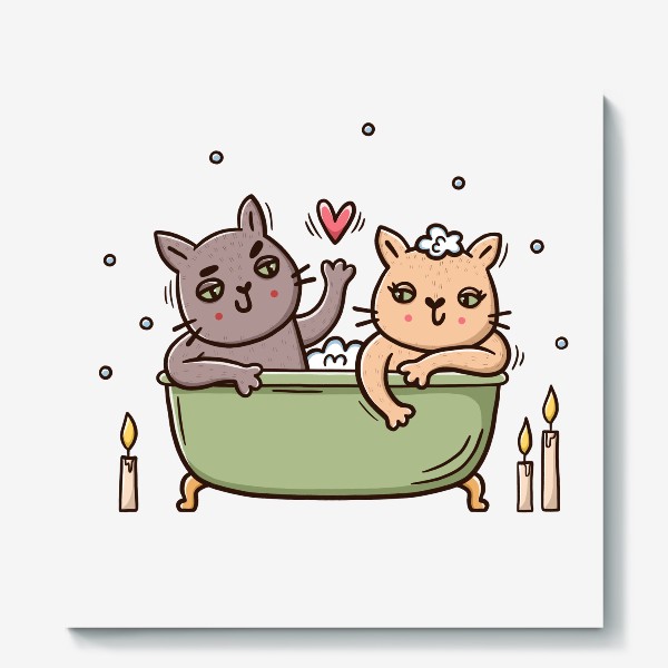 Холст «Влюбленные коты в ванной. Романтика при свечах. Любовь»