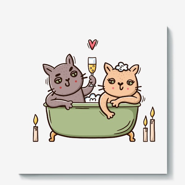 Холст «Влюбленные коты в ванной с шампанским. Романтика при свечах. Любовь»