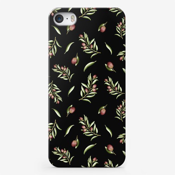 Чехол iPhone «Оливковые веточки и листики на чёрном »