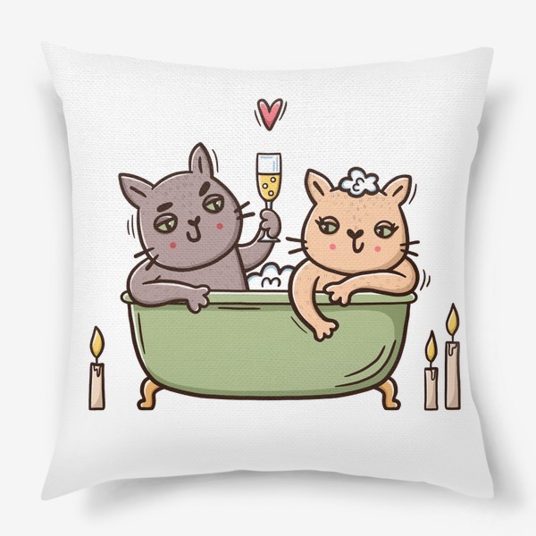 Подушка &laquo;Влюбленные коты в ванной с шампанским. Романтика при свечах. Любовь&raquo;