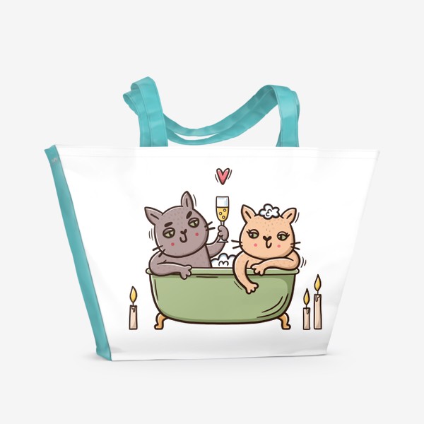 Пляжная сумка «Влюбленные коты в ванной с шампанским. Романтика при свечах. Любовь»