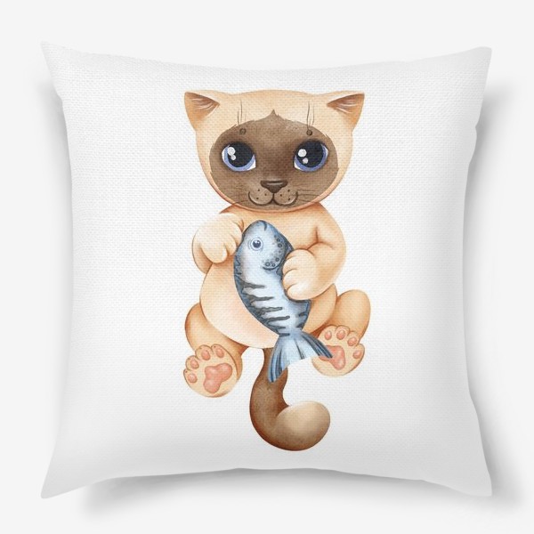 Подушка «Акварельный котенок с рыбой»