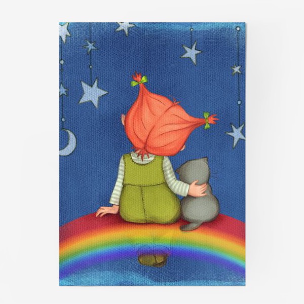 Постер «Прекрасные сны. Малышка с котом на радуге под звездами.»